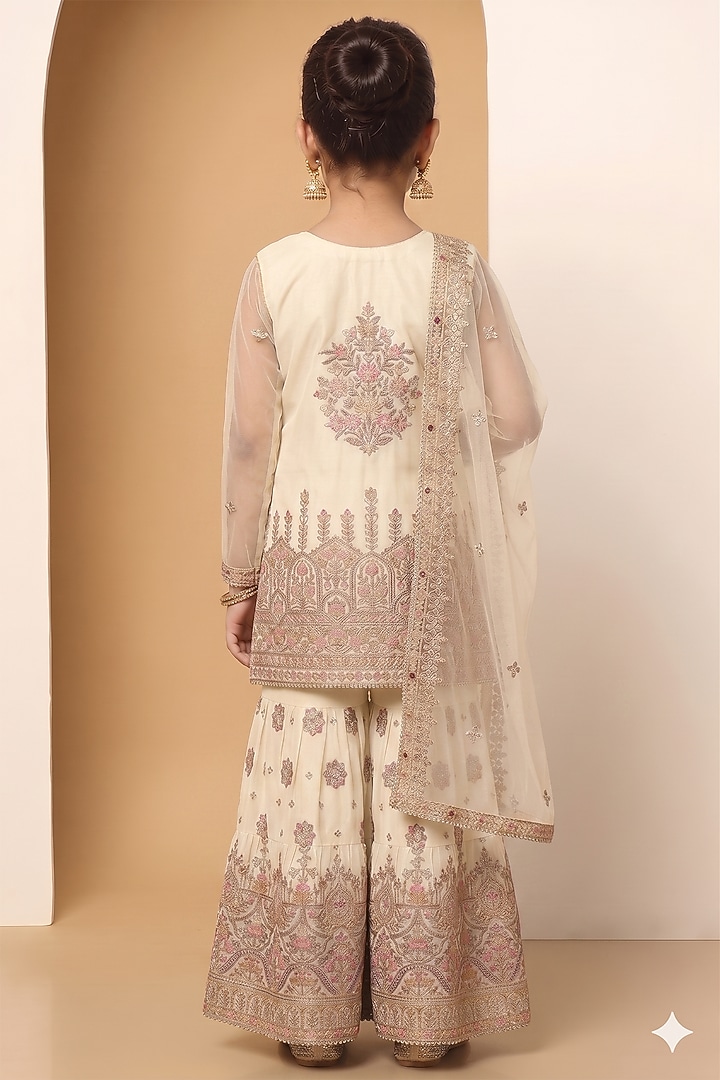 Ivory Georgette Sequins Embroidered Sharara Set For Girls by MeenaGuranam Kids at Pernia's Pop Up Shop
