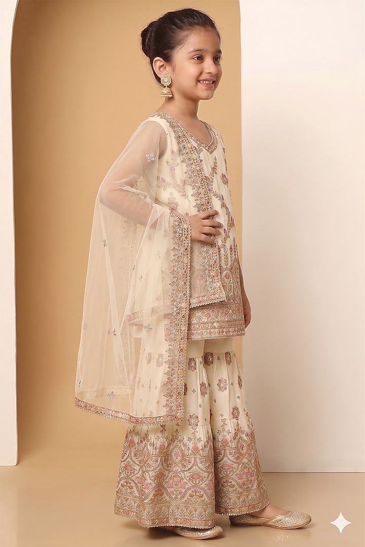 Ivory Georgette Sequins Embroidered Sharara Set For Girls by MeenaGuranam Kids at Pernia's Pop Up Shop