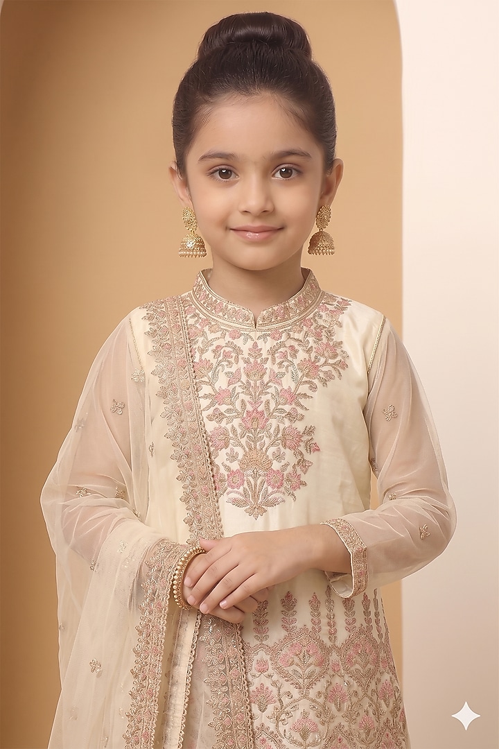 Ivory Georgette Sequins Embroidered Sharara Set For Girls by MeenaGuranam Kids at Pernia's Pop Up Shop