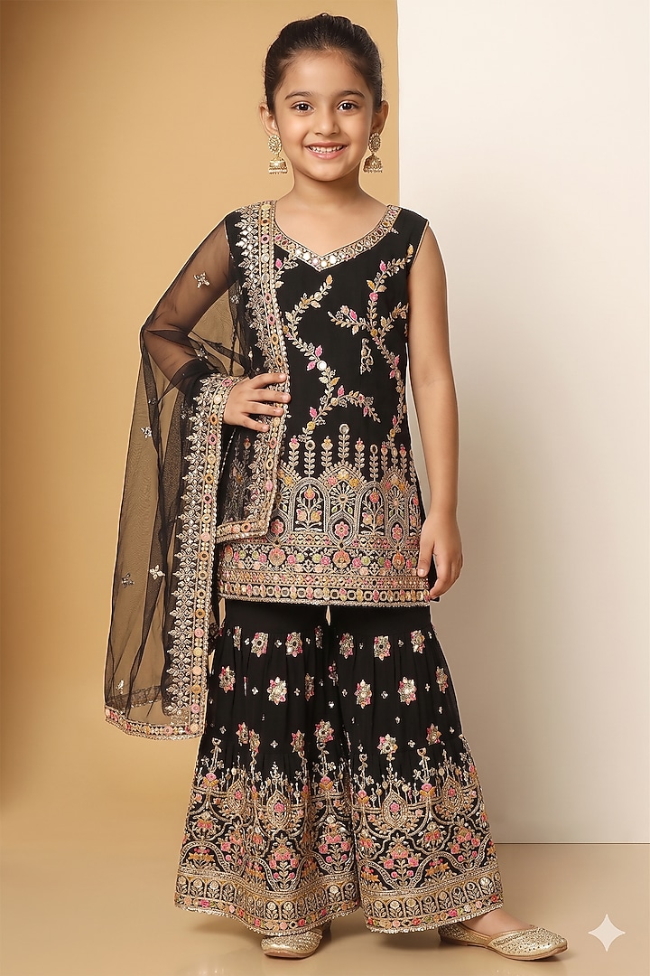 Black Georgette Sequins Embroidered Sharara Set For Girls by MeenaGuranam Kids at Pernia's Pop Up Shop