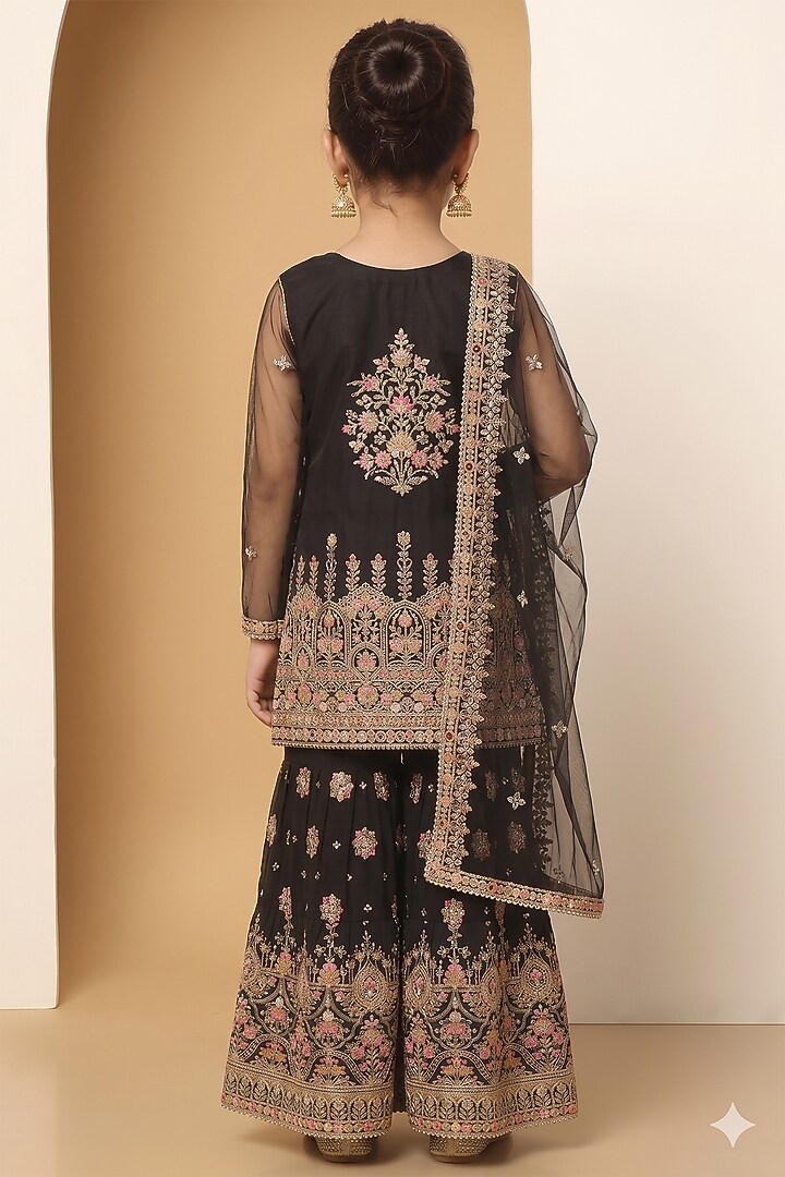 Black Georgette Sequins Embroidered Sharara Set For Girls by MeenaGuranam Kids at Pernia's Pop Up Shop