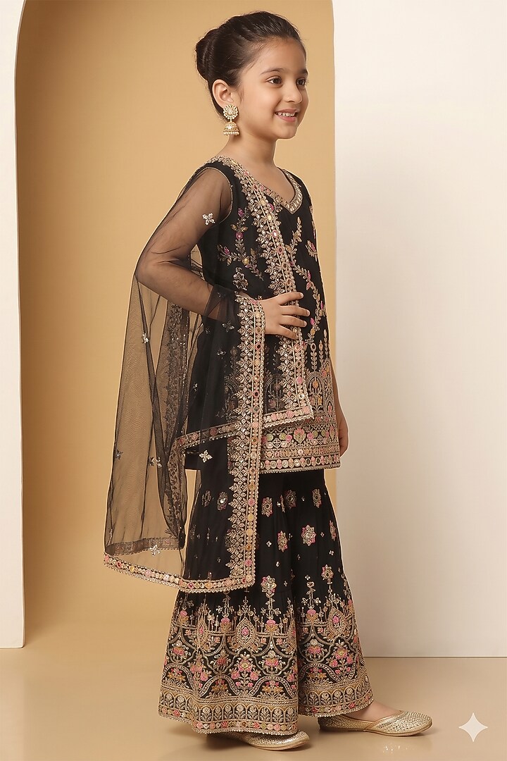 Black Georgette Sequins Embroidered Sharara Set For Girls by MeenaGuranam Kids at Pernia's Pop Up Shop