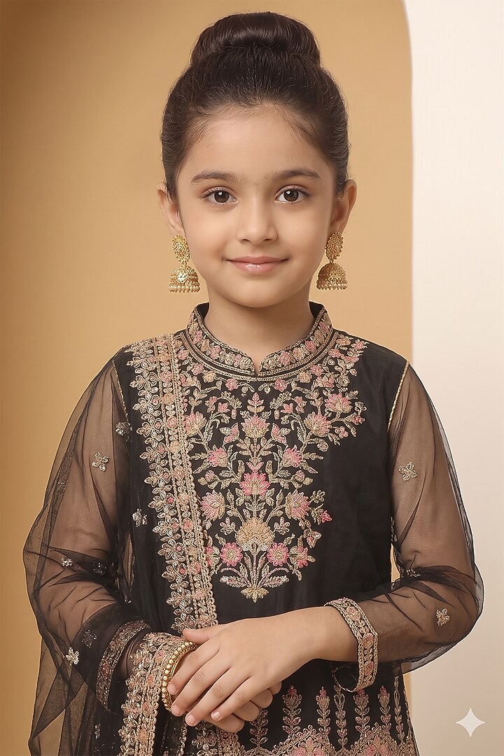 Black Georgette Sequins Embroidered Sharara Set For Girls by MeenaGuranam Kids at Pernia's Pop Up Shop