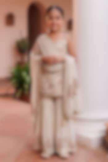 Gold Chinon Floral Embroidered Sharara Set For Girls by MeenaGuranam Kids at Pernia's Pop Up Shop