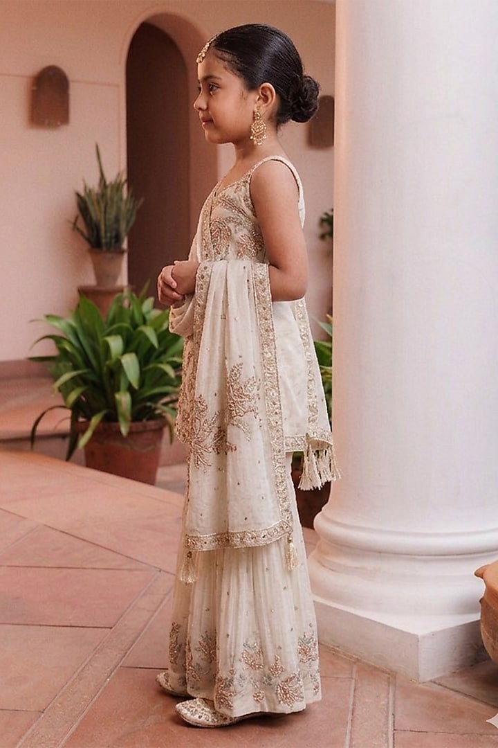 Gold Chinon Floral Embroidered Sharara Set For Girls by MeenaGuranam Kids at Pernia's Pop Up Shop