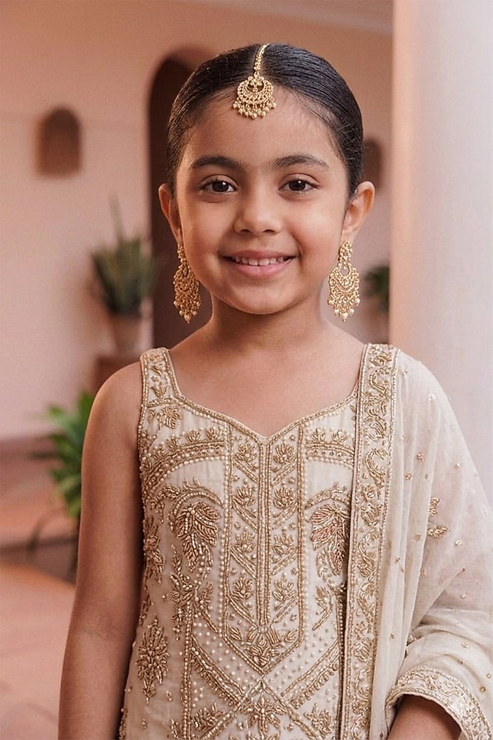 Gold Chinon Floral Embroidered Sharara Set For Girls by MeenaGuranam Kids at Pernia's Pop Up Shop