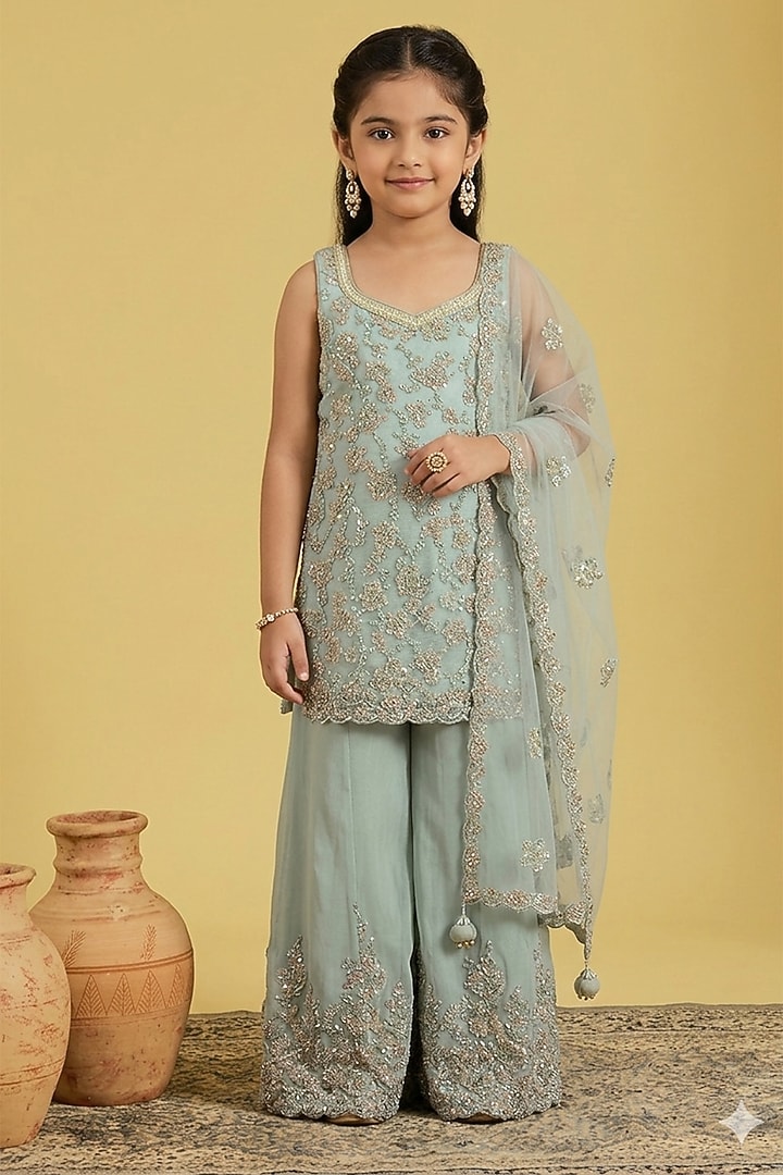 Pista Georgette Floral Jaal Embroidered Sharara Set For Girls by MeenaGuranam Kids at Pernia's Pop Up Shop
