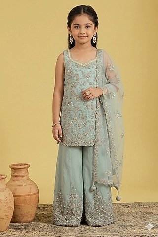 Pista Georgette Floral Jaal Embroidered Sharara Set For Girls by MeenaGuranam Kids