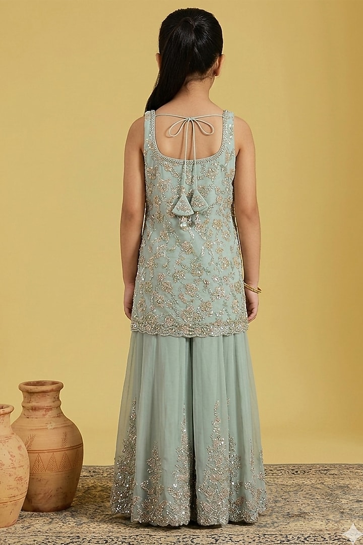 Pista Georgette Floral Jaal Embroidered Sharara Set For Girls by MeenaGuranam Kids at Pernia's Pop Up Shop