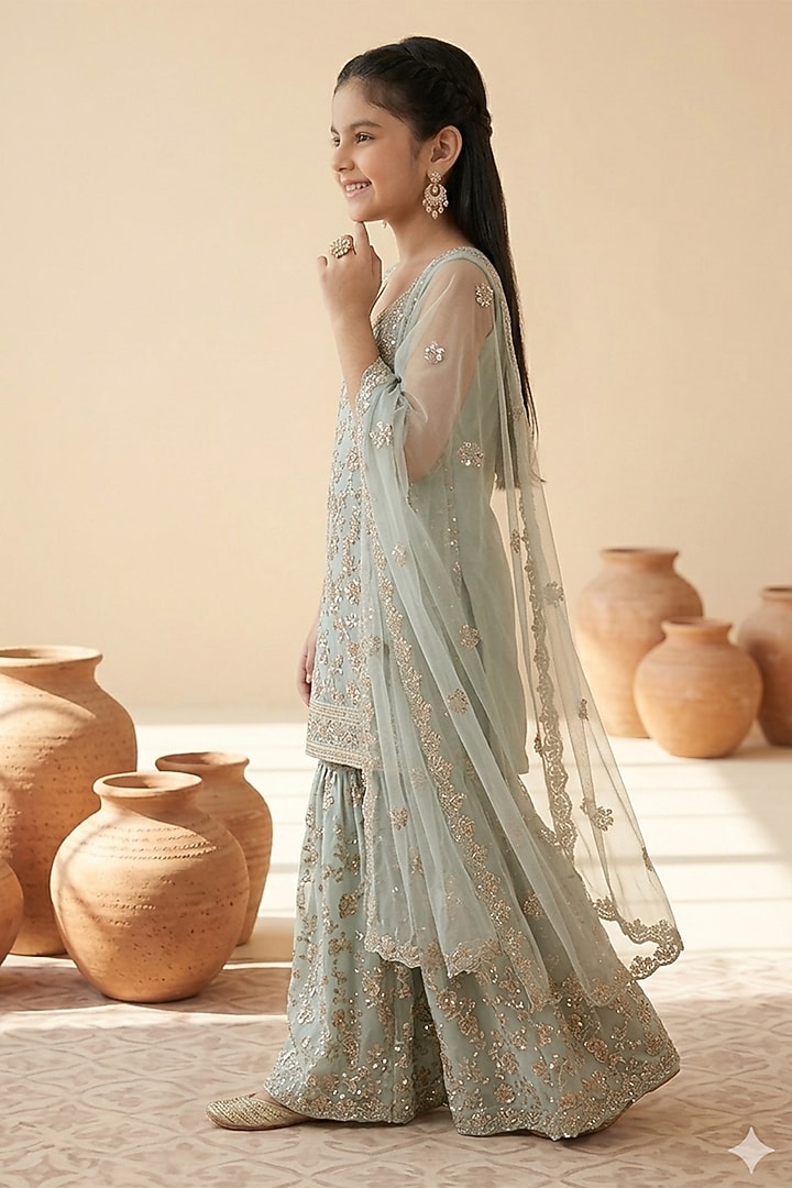 Pista Georgette Floral Jaal Embroidered Sharara Set For Girls by MeenaGuranam Kids at Pernia's Pop Up Shop