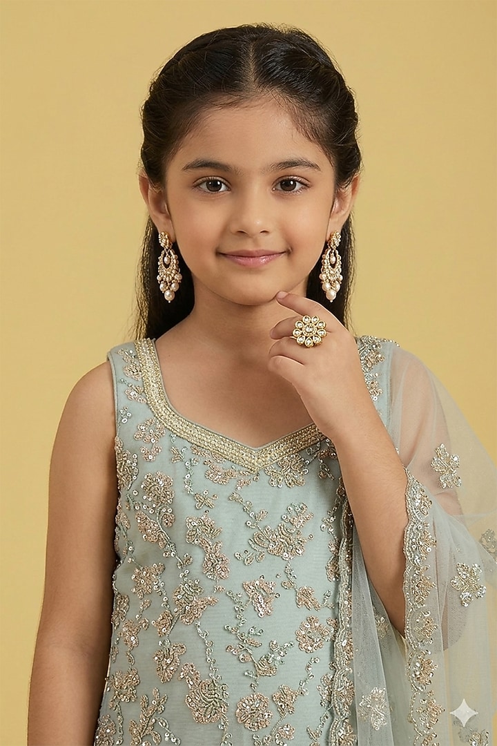 Pista Georgette Floral Jaal Embroidered Sharara Set For Girls by MeenaGuranam Kids at Pernia's Pop Up Shop