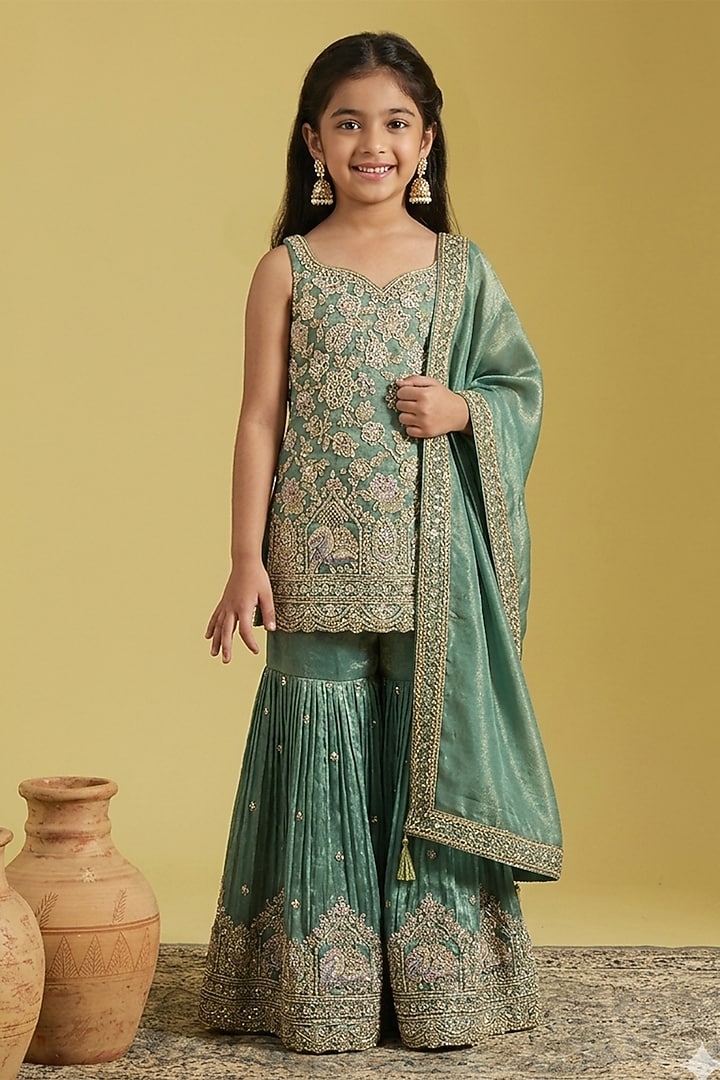 Green Tissue Embroidered Gharara Set For Girls by MeenaGuranam Kids at Pernia's Pop Up Shop
