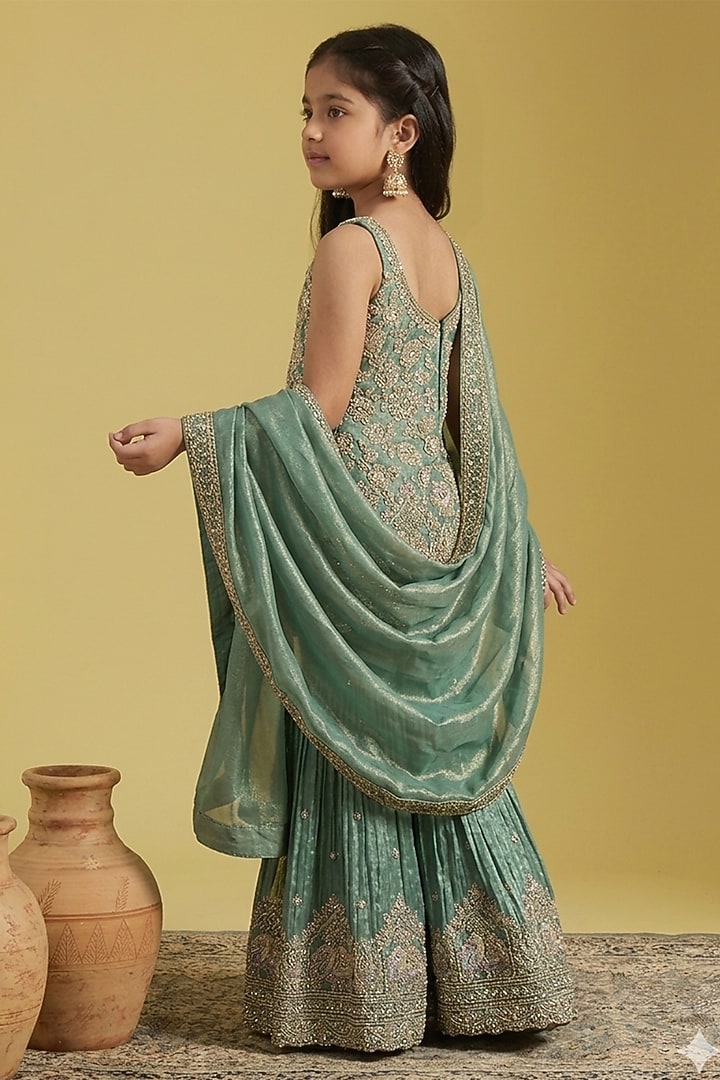 Green Tissue Embroidered Gharara Set For Girls by MeenaGuranam Kids at Pernia's Pop Up Shop
