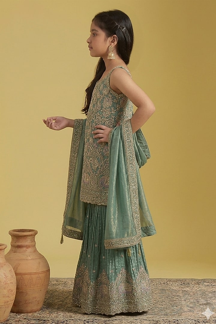 Green Tissue Embroidered Gharara Set For Girls by MeenaGuranam Kids at Pernia's Pop Up Shop