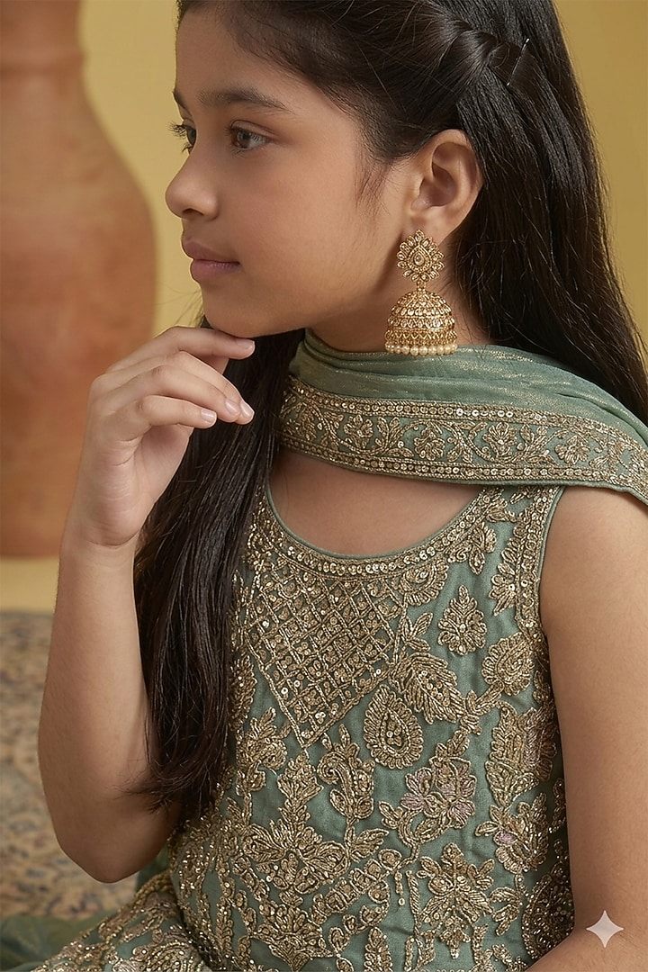 Green Tissue Embroidered Gharara Set For Girls by MeenaGuranam Kids at Pernia's Pop Up Shop