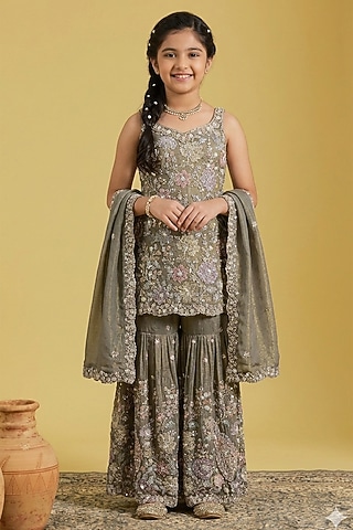Multi-Colored Tissue Sequins Embellished Gharara Set For Girls by MeenaGuranam Kids