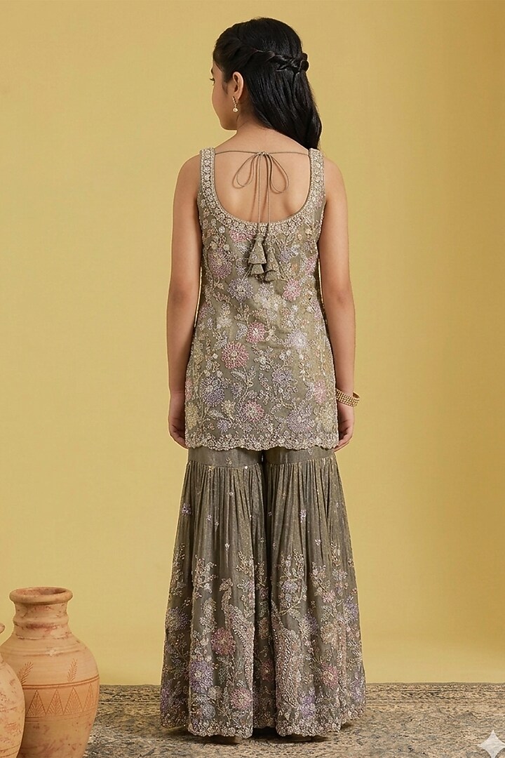 Multi-Colored Tissue Sequins Embellished Gharara Set For Girls by MeenaGuranam Kids at Pernia's Pop Up Shop