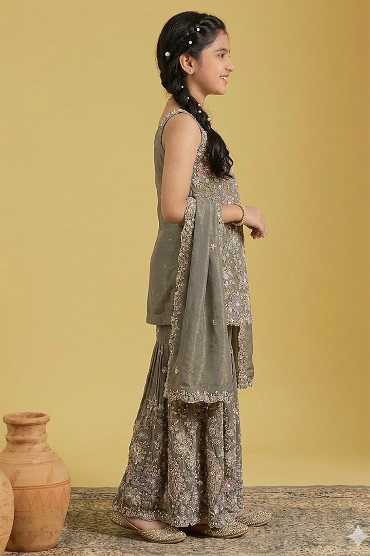 Multi-Colored Tissue Sequins Embellished Gharara Set For Girls by MeenaGuranam Kids at Pernia's Pop Up Shop
