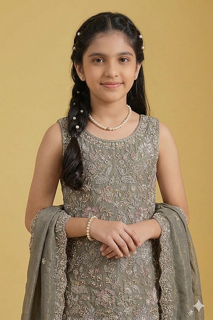 Multi-Colored Tissue Sequins Embellished Gharara Set For Girls by MeenaGuranam Kids at Pernia's Pop Up Shop