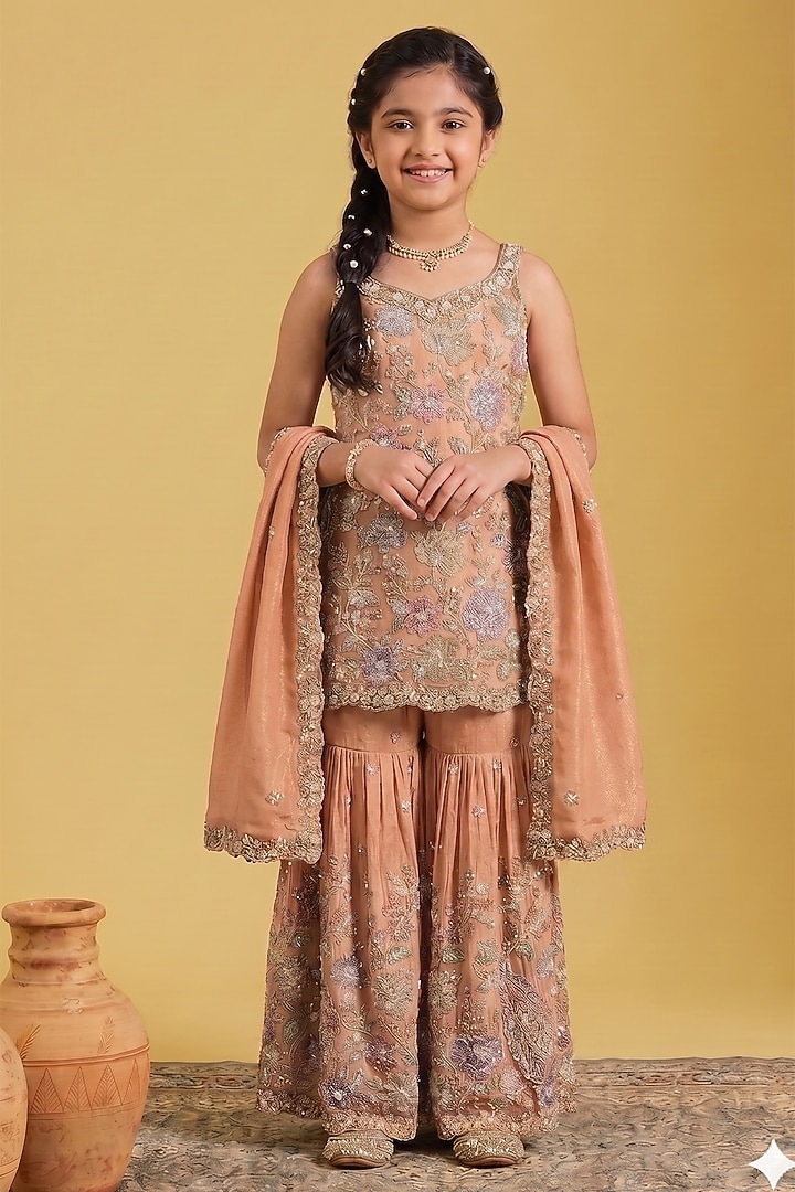 Peach Tissue Sequins Embellished Gharara Set For Girls by MeenaGuranam Kids at Pernia's Pop Up Shop