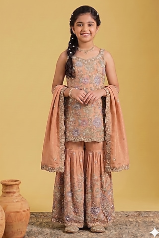 Peach Tissue Sequins Embellished Gharara Set For Girls by MeenaGuranam Kids