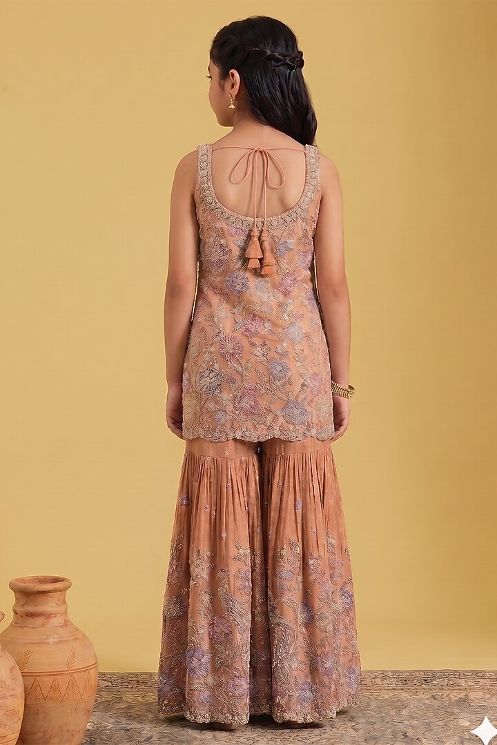 Peach Tissue Sequins Embellished Gharara Set For Girls by MeenaGuranam Kids at Pernia's Pop Up Shop