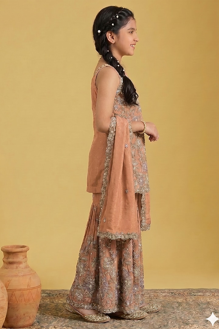 Peach Tissue Sequins Embellished Gharara Set For Girls by MeenaGuranam Kids at Pernia's Pop Up Shop