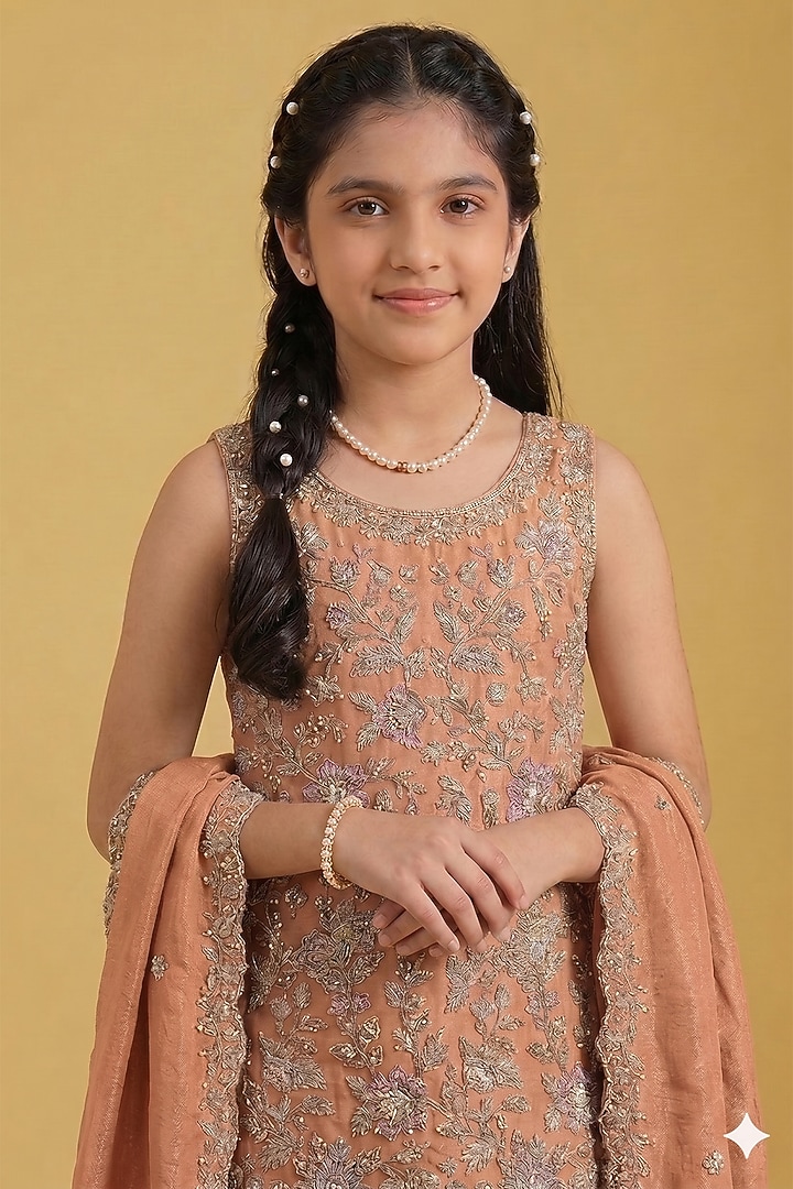 Peach Tissue Sequins Embellished Gharara Set For Girls by MeenaGuranam Kids at Pernia's Pop Up Shop