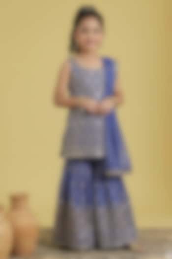 Navy Blue Tissue Embroidered Gharara Set For Girls by MeenaGuranam Kids at Pernia's Pop Up Shop