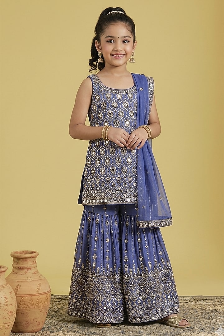 Navy Blue Tissue Embroidered Gharara Set For Girls by MeenaGuranam Kids at Pernia's Pop Up Shop