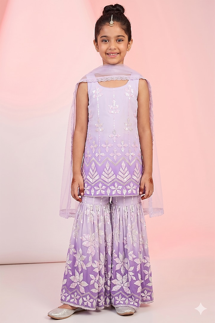 Grey Georgette Sequins Embroidered Sharara Set For Girls by MeenaGuranam Kids at Pernia's Pop Up Shop