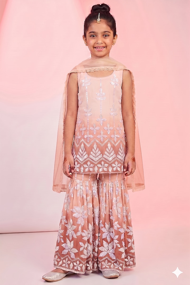 Pink Georgette Sequins Embroidered Sharara Set For Girls by MeenaGuranam Kids at Pernia's Pop Up Shop