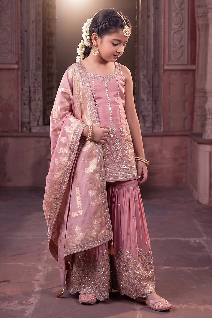 Pink Tissue Zari Embellished Sharara Set For Girls by MeenaGuranam Kids at Pernia's Pop Up Shop