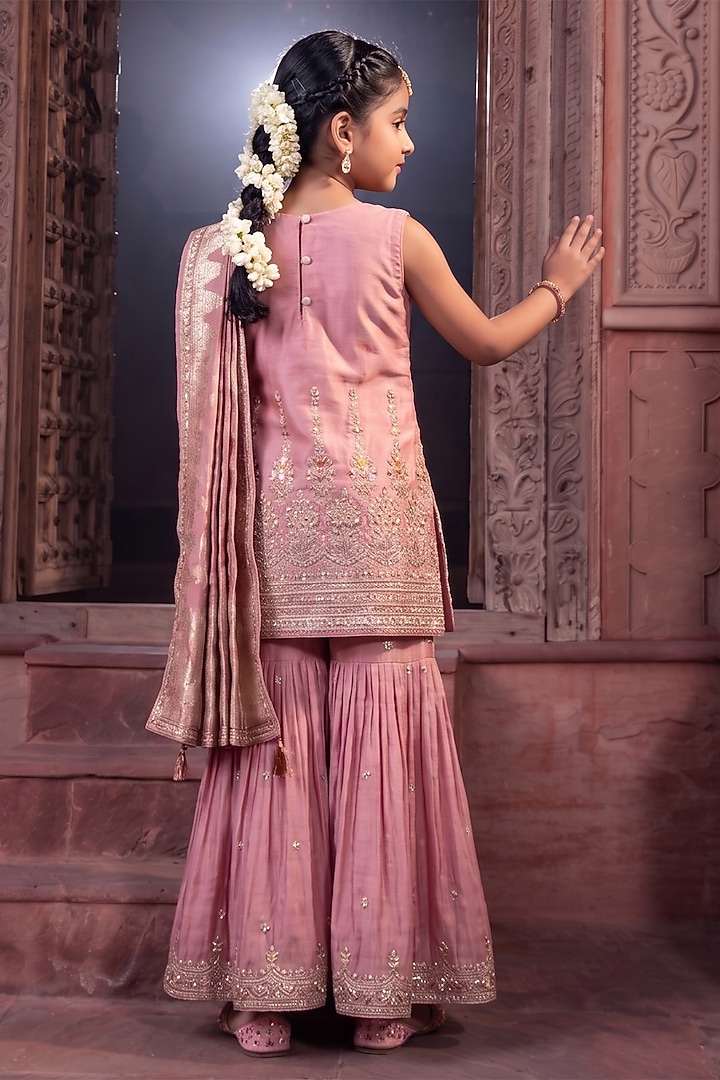Pink Tissue Zari Embellished Sharara Set For Girls by MeenaGuranam Kids at Pernia's Pop Up Shop