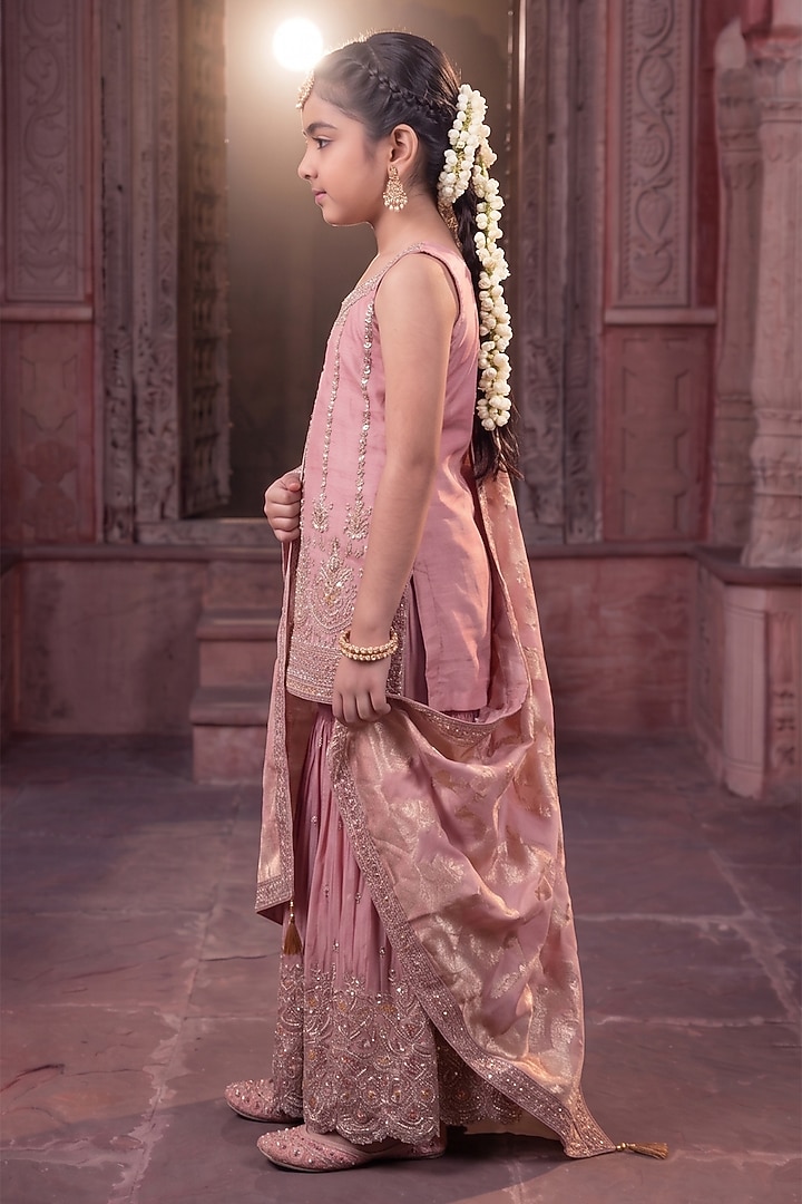 Pink Tissue Zari Embellished Sharara Set For Girls by MeenaGuranam Kids at Pernia's Pop Up Shop