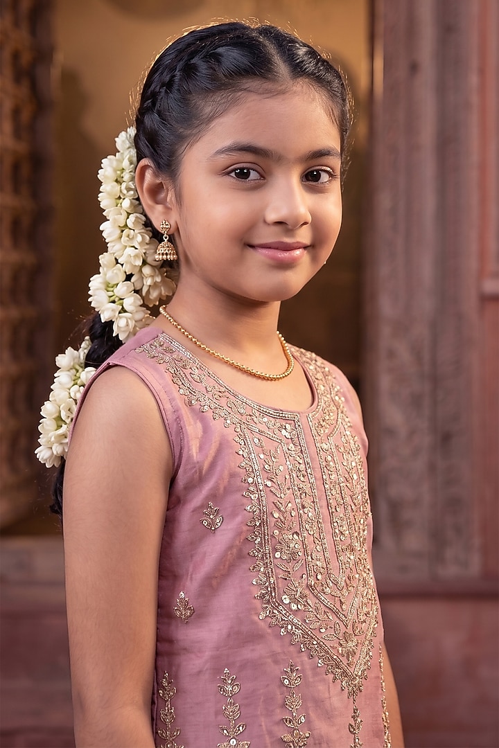 Pink Tissue Zari Embellished Sharara Set For Girls by MeenaGuranam Kids at Pernia's Pop Up Shop