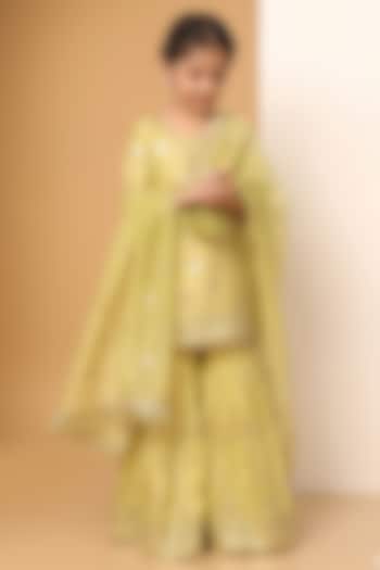 Lime Yellow Chinon Chiffon Sequins Embroidered Sharara Set For Girls by MeenaGuranam Kids at Pernia's Pop Up Shop