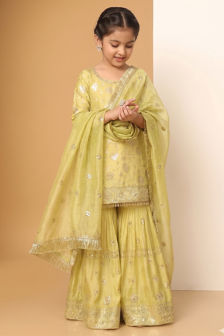 Lime Yellow Chinon Chiffon Sequins Embroidered Sharara Set For Girls by MeenaGuranam Kids at Pernia's Pop Up Shop