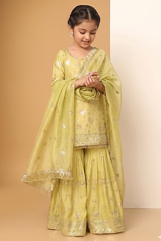 Lime Yellow Chinon Chiffon Sequins Embroidered Sharara Set For Girls by MeenaGuranam Kids