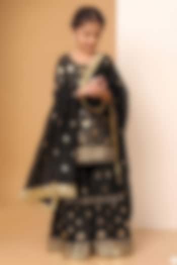 Black Chinon Chiffon Sequins Embroidered Sharara Set For Girls by MeenaGuranam Kids at Pernia's Pop Up Shop