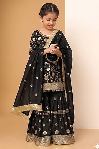 Black Chinon Chiffon Sequins Embroidered Sharara Set For Girls by MeenaGuranam Kids