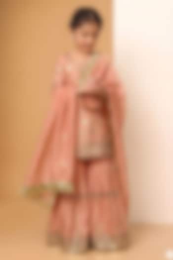 Peach Chinon Chiffon Sequins Embroidered Sharara Set For Girls by MeenaGuranam Kids at Pernia's Pop Up Shop