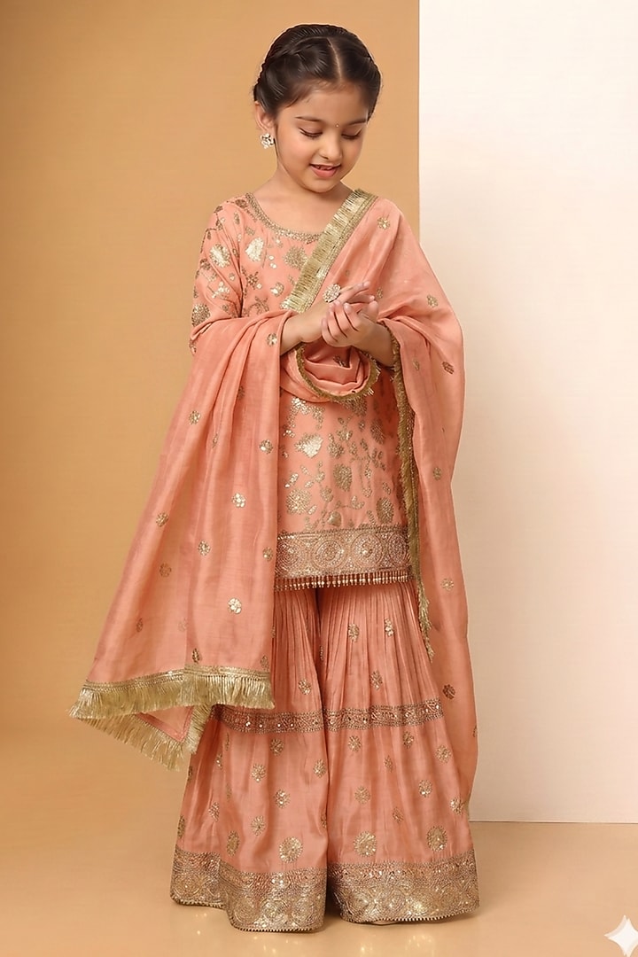 Peach Chinon Chiffon Sequins Embroidered Sharara Set For Girls by MeenaGuranam Kids at Pernia's Pop Up Shop