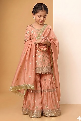 Peach Chinon Chiffon Sequins Embroidered Sharara Set For Girls by MeenaGuranam Kids