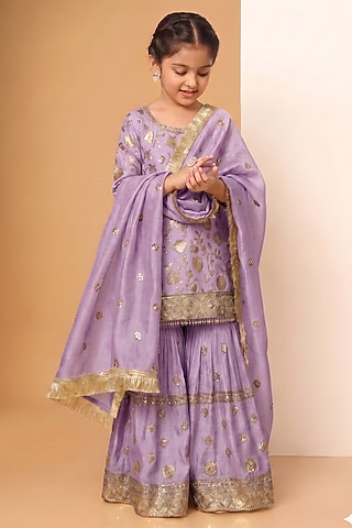 Purple Chinon Chiffon Sequins Embroidered Sharara Set For Girls by MeenaGuranam Kids