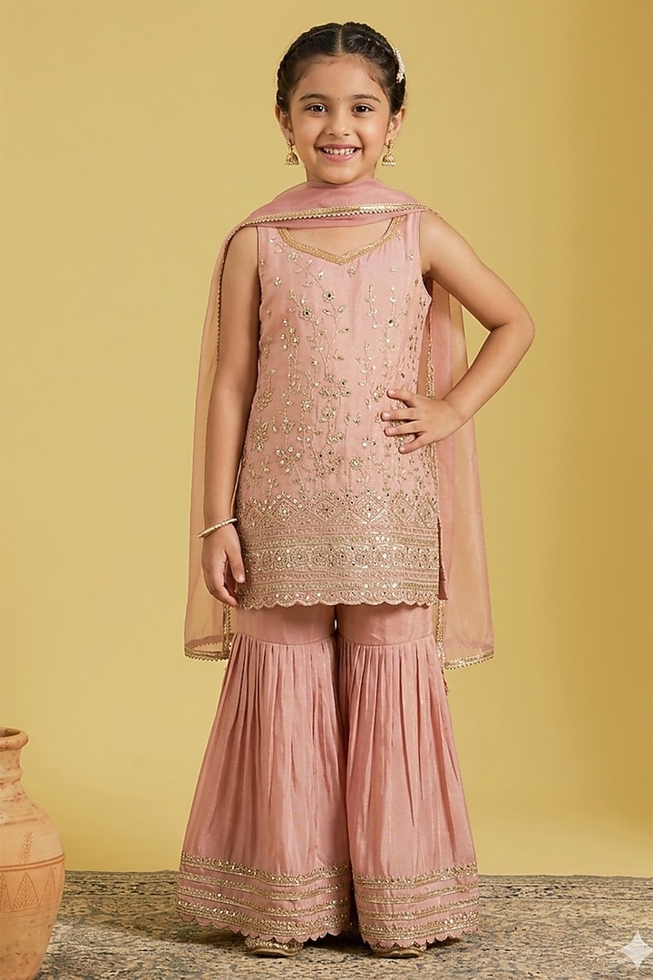 Peach Tissue Zari Embroidered Gharara Set For Girls by MeenaGuranam Kids at Pernia's Pop Up Shop