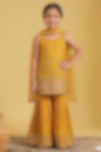 Mustard Tissue Zari Embroidered Gharara Set For Girls by MeenaGuranam Kids at Pernia's Pop Up Shop