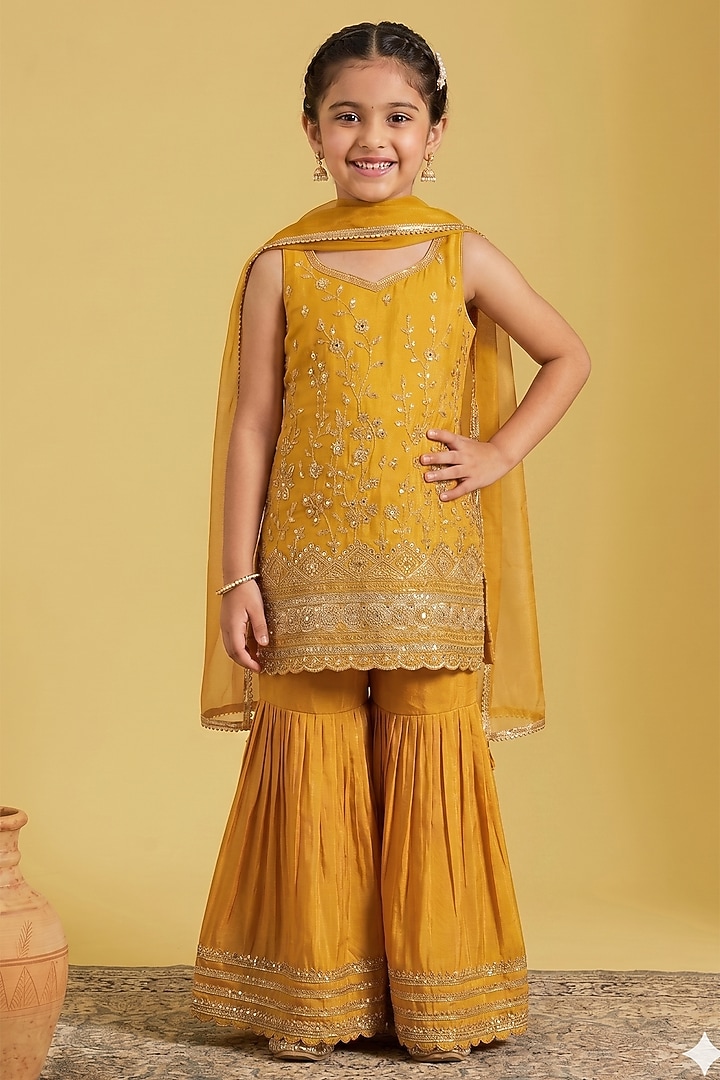 Mustard Tissue Zari Embroidered Gharara Set For Girls by MeenaGuranam Kids at Pernia's Pop Up Shop