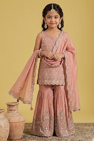 Mustard Tissue Sequins Embellished Gharara Set For Girls by MeenaGuranam Kids