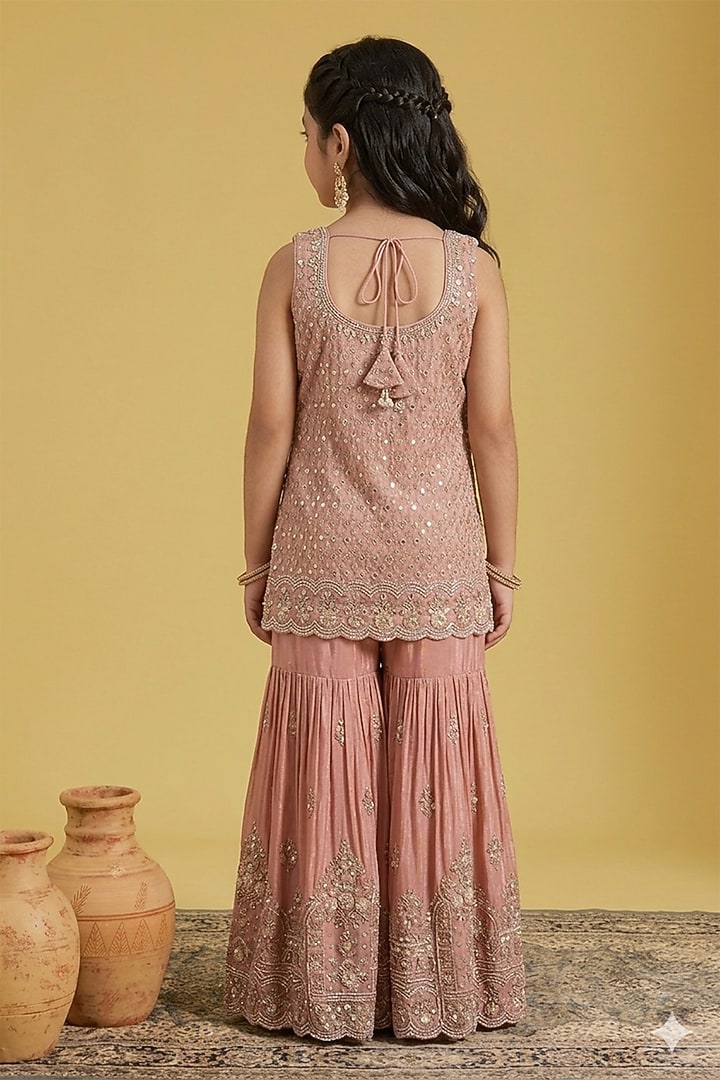 Mustard Tissue Sequins Embellished Gharara Set For Girls by MeenaGuranam Kids at Pernia's Pop Up Shop